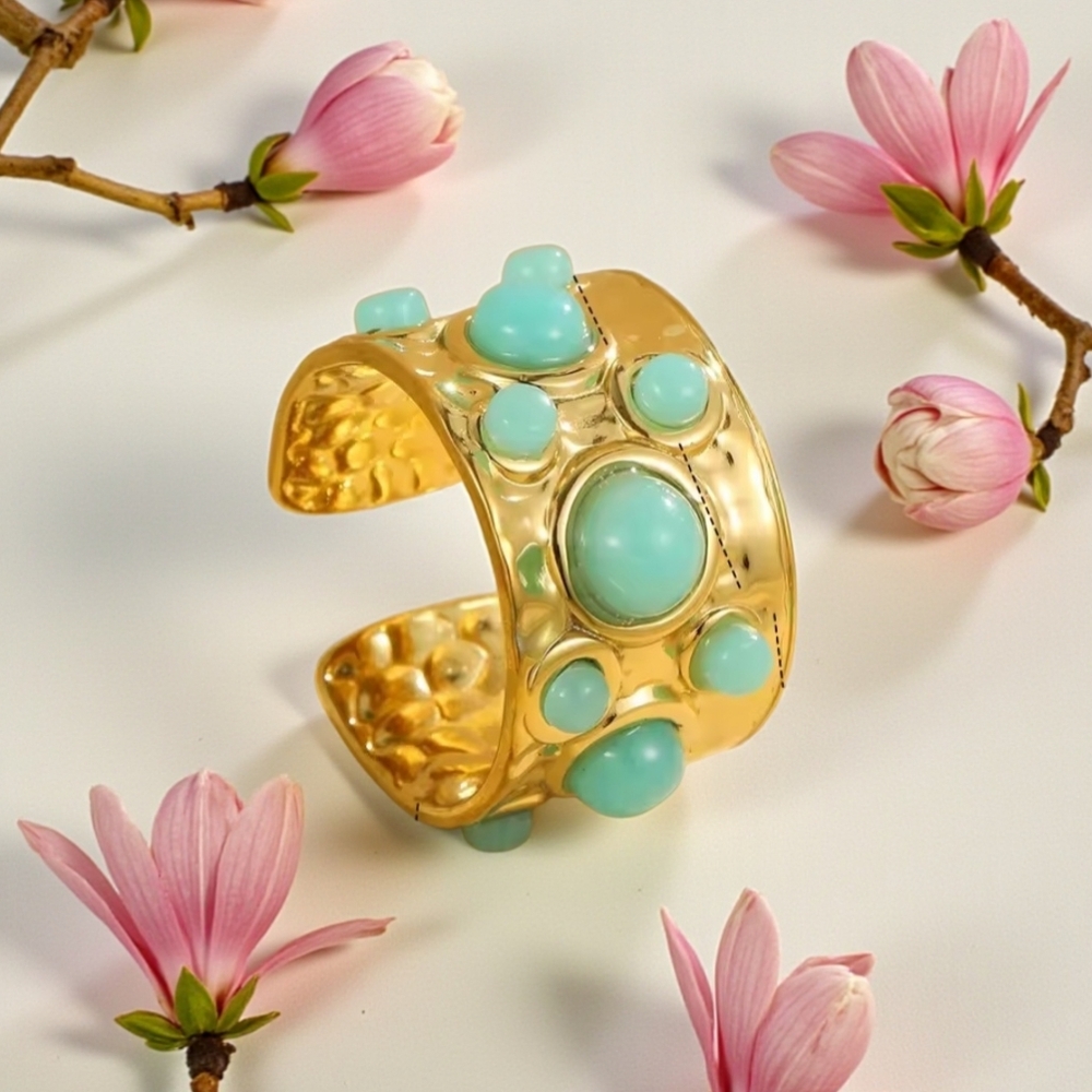 Byzantine Revival 18k Gold Plated Hammered Seafoam Cabochon Ring